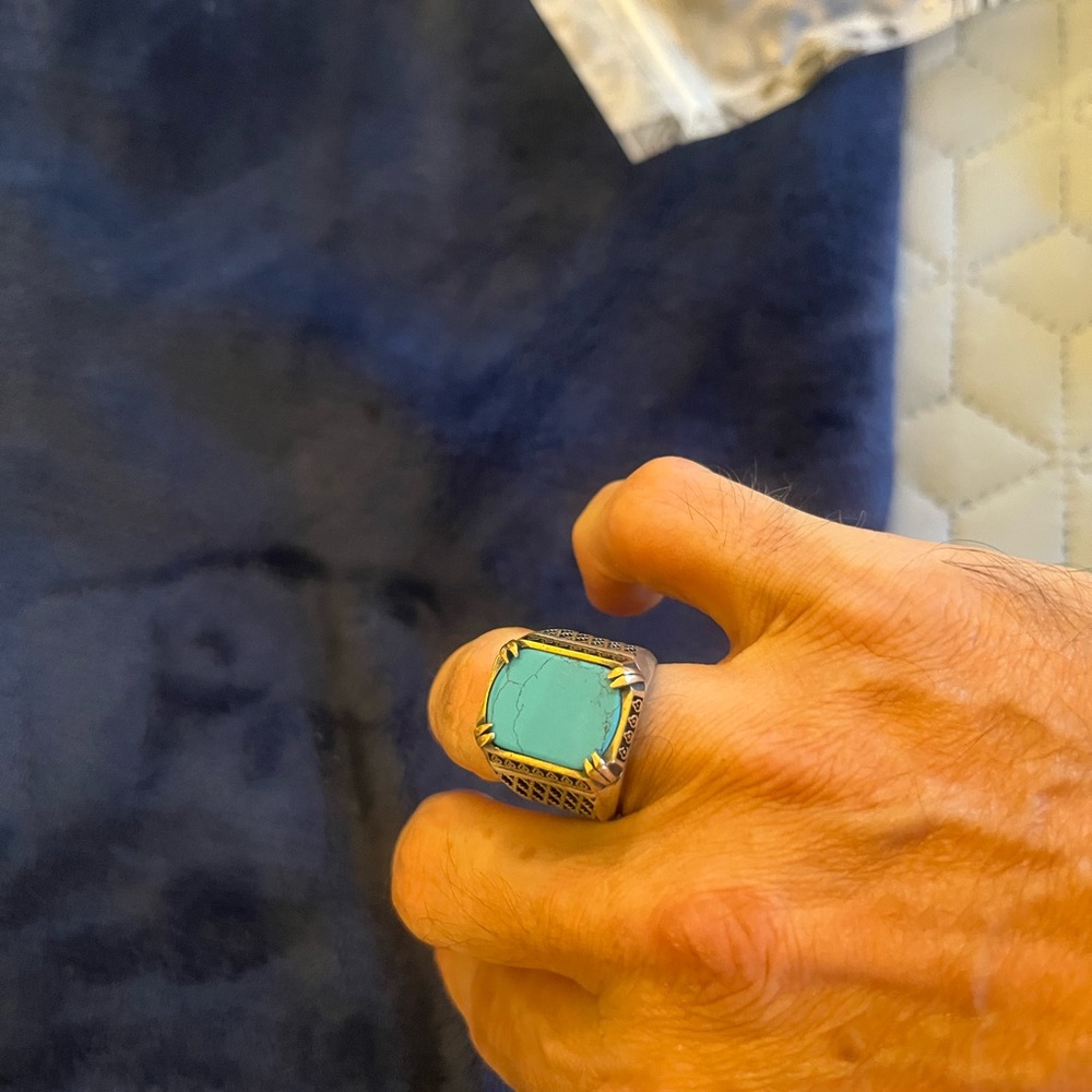 Turquoise Stone Men's Silver Ring - Blue Accent - Picture 7 of 9